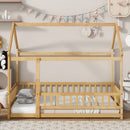 Twin Size House Floor Wooden Bed with Roof Frame,Safety Guardrails,Natural