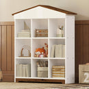House-shaped Storage Rack with Nine Storage Compartments, Three-layer Bookshelf with Colorblock Design, White+Brown
