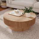 31.5'' Round Coffee Table with Storage Solid Wood Veneered Modern Coffee Table Accent Tea Table for Living Room, Bedroom, Apartment or Office, Natural Wood