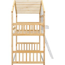 Twin over Twin House Bunk Bed with Roof, Window, Window Box, Door, with Safety Guardrails and Ladder, Natural/White