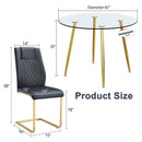 A modern minimalist style round transparent tempered glass table with gold metal legs, paired with 4 modern PU leather high-back dining chairs, bring a luxurious experience.