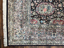 Sino Persian Rug 9x12, Navy Blue and Pink Hand Knotted Wool and Silk Highlights Vintage Oriental Carpet, Handmade Floral Area Rug 9 x 12 ft