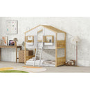 Twin over Twin House Bunk Bed with Roof, Window, Window Box, Door, with Safety Guardrails and Ladder, Natural/White