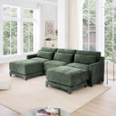 Elegant Three-Seater Sofa with Movable Ottomans and Lumbar Pillow in Green Chenille Fabric