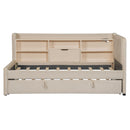 Twin Size Upholstered Daybed with Trundle, Storage Shelves, USB & Outlet (Beige)