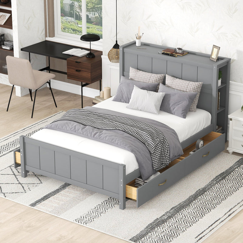 Full Size Platform Bed with Drawers and Storage Shelves, Gray