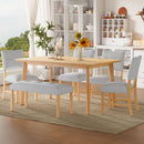 6PCs Dining Room Table Set, Rustic Farmhouse Dining Room Rectangular Table with 4 Upholstered Chairs and Bench, Solid Wood Kitchen Dining Table Set for 6 Persons