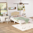 3 Pieces Bedroom Set with Queen Size Wooden Bed Frame, 1 Vintage  Nightstand and 1 Makeup Vanity Set with Stool,White