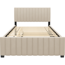Full Size Velvet Upholstered Platform Bed with Twin Size Trundle, Beige
