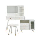 Modern Makeup Vanity Desk with Mirror and Lights, Retractable Dressing Table with Drawers and Cabinet, Compact Makeup Table Set with Power Outlet for Bedroom, White