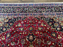 Traditional Persian Rug 8x11, Red Navy Blue, Floral Medallion, Antique Persian Mashad Carpet, Wool