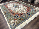 Indo Persian Rug 9x12, Ivory Red Green, Traditional Oriental Carpet