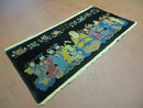 Chinese Wool Pictorial Rug 3x6 Counsel of Wise Elders Philosophers, Vintage Hand Knotted Black Chinese Carpet, Swan, Clouds Confucius, Rare
