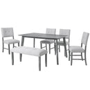 6PCs Dining Room Table Set, Rustic Farmhouse Dining Room Rectangular Table with 4 Upholstered Chairs and Bench, Solid Wood Kitchen Dining Table Set for 6 Persons