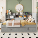 Twin Size Upholstered Daybed with Trundle, Storage Shelves, USB & Outlet (Gray)