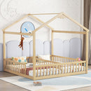 Double Twin House-Style Floor Bed with Fence, Guardrails, without door, Natural(Old Sku:W504P143318)