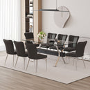 Table and chair set.Elegant Transparent Tempered Glass Dining Set - 71'x35.4' with 8 Black PU Chairs with a vertical stripe design on the backrest.