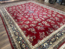 Indo Persian Sarouk Rug 10x14, Large Red and Navy Blue Carpet, Traditional Floral Wool Rug