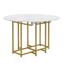 TOPMAX Space-Saving 5-Piece Extendable Kitchen Dining Table Set for Small Spaces - Round Faux Marble Top with Golden Frame, 4 Upholstered Chairs, Compact Foldable Design,White+Green