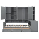 Twin Size Wooden Daybed With Three Drawers, and All-in-One Cabinet, Desk and Shelves, Gray