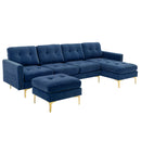 Elegant Convertible L-Shape Sectional Sofa Couch with Movable Ottoman, Velvet Upholstery, Blue