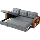 Upholstered Pull Out Sectional Sofa with Storage Chaise, Convertible Corner Couch, Light Grey-Wooden handrail