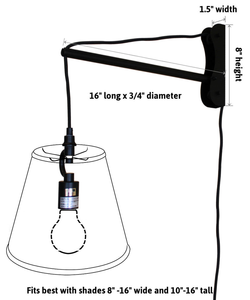 12"W MAST Plug-In Wall Mount Pendant 1 Light Black Cord/Arm Shallow Drum Textured Oatmeal Shade