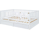 Full Size Wood Daybed with Fence Guardrails and 2 Drawers, Split into Independent Floor Bed & Daybed, White