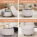Beige Polyester Circular Storage Ottoman With Tray