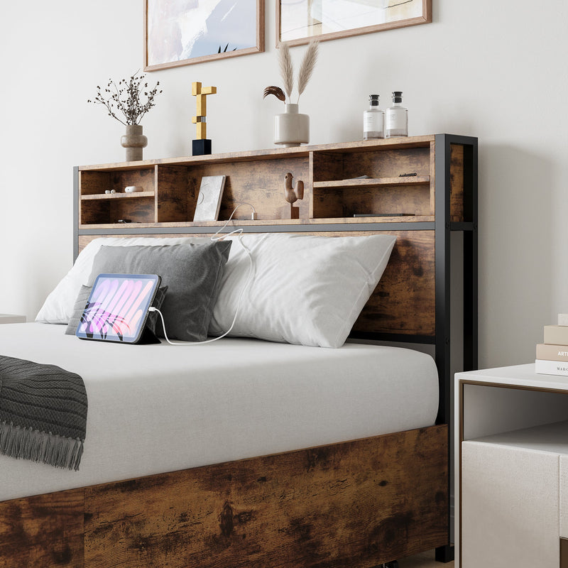 Queen Bed Frame with Storage Headboard and 4 Drawers