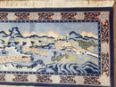 Vintage Chinese Pictorial Rug 2'4" x 4' 7", Chinese Village, Wool Hand-Knotted Blue & Teal Fine Carpet, Tapestry Rug, Woven Wall Art