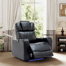 Modern PU Leather Power Recliner with Cooling Cup Holder, Bluetooth Speaker, LED Lights, and Tray Table in Black
