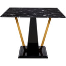 Black Marble Pattern Tempered Glass Dining Set - 71'x35.4' with 8 White and dark gray spliced PU Chairs With a Widened Backrest Design.