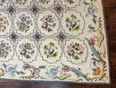 Needlepoint Rug 10x14, Wool Handmade Vintage Needlepoint Carpet, Floral Panel Design, Ivory/Cream