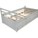 Twin Size Bed with Headboard, Footboard, Trundle and Three Storage Drawers, Twin Size Pine Wood Bed with Headboard, Footboard,Grey