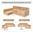 Twin Size Wooden L Shaped Daybed with Under-bed Trundle and Storage Drawer, Versatile Corner Bed Frame with Bookcases for 3, Natural