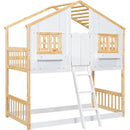 Twin over Twin House Bunk Bed with Roof, Window, Window Box, Door, with Safety Guardrails and Ladder, Natural/White
