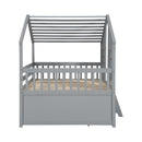 Full Size House Loft Bed with Roof, Windows,4 Storage Drawers,Pine Wooden Bed with Safety Guardrails,Ladder,Grey
