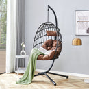 Indoor Outdoor Egg Swing Chair with Stand, Patio Grey Wicker Rattan Hanging Chair with Rope Back, Cushion,Cover,All Weather Foldable Hammock Chair for Bedroom, Porch, Garden