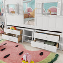 Full Size House Loft Bed with Roof, Windows,4 Storage Drawers,Pine Wooden Bed with Safety Guardrails,Ladder,White