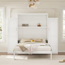 Queen Size Murphy Bed with 2 Wardrobe and Storage Shelf, Multifunctional Foldable Platform Bedframe for Guest-Room, Bedroom, White