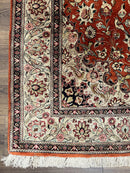 Persian Qum Silk Rug 5x7 - Floral Medallion, Birds, Orange-Red