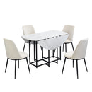 TOPMAX Space-Saving 5-Piece Extendable Kitchen Dining Table Set for Small Spaces - Round Faux Marble Top with Black Frame, 4 Upholstered Chairs, Compact Foldable Design,White+Beige