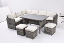 Walker Edison - Outdoor Patio Furniture Set,7 Pieces Outdoor Sectional Conversation Sofa with Dining Table,Chairs and Ottomans,All Weather PE Rattan and Steel Frame,With Backrest and Removable Cushions(Grey+Beige)