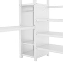 Full Size Loft Bed with L-shaped Desk and USB, Metal Loft Bed with Wardrobe and Adjustable Shelf, High Loft Bed with LED for Kids Teens Adults, White