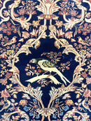 Persian Isfahan Rug 2x4, Birds, Navy Blue, Kork Wool on Silk Foundation, 460 KPSI