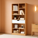 Maple Yellow Wooden Bookcase With Drawer And Cube Shelves