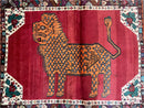 Antique Persian Gabbeh Wool Rug 4x5, Lion Pictorial Rug, Red Orange Black, Hand Knotted Handmade Vintage Gabbeh Carpet 4 x 5 ft, Tribal Rug