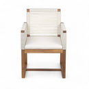 Outdoor Dining Chairs Set of 2, Acacia Wood Patio Armchair with Rope Design Back and Arms and Washable Cushion,for Backyard, Poolside, Garden,White