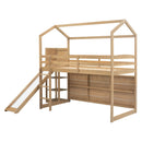 Walker Edison - Twin Size Wood House Loft bed with Slide, Storage shelves and Light, Climbing Ramp, Wood Color